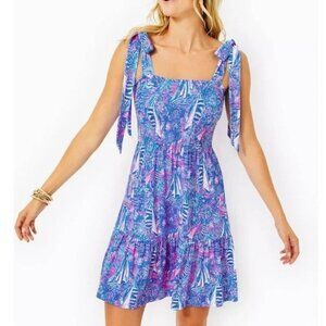Lilly Pulitzer Womens XL Kailua Smocked Dress Blue Sleeveless